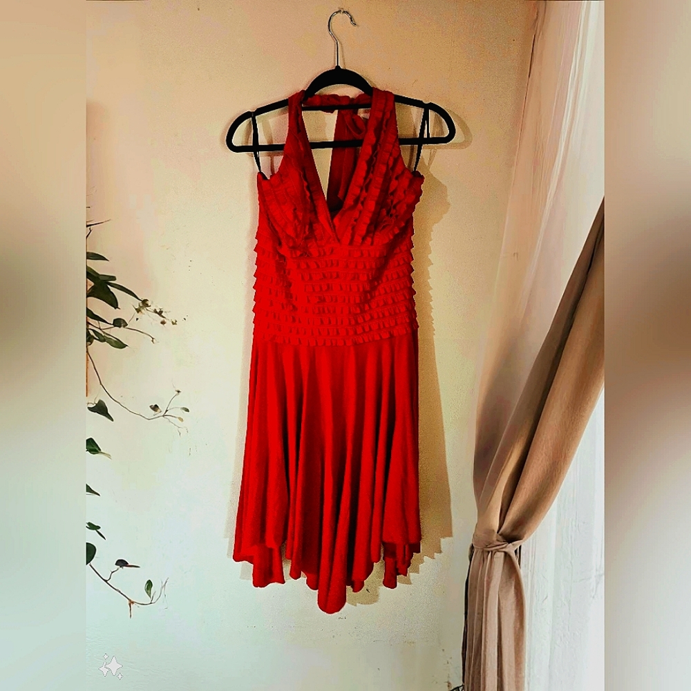Frank Lyman Red Handkerchief Ruffle Halter Dress, Size 16